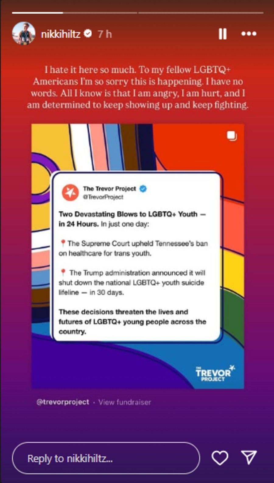 Screenshot of Hiltz's Instagram story.
